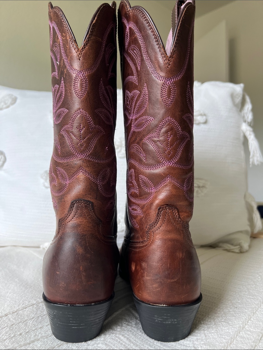 Ariat Brown Leather Western Heeled Boots with Pink Stitching - Picture 5 of 12